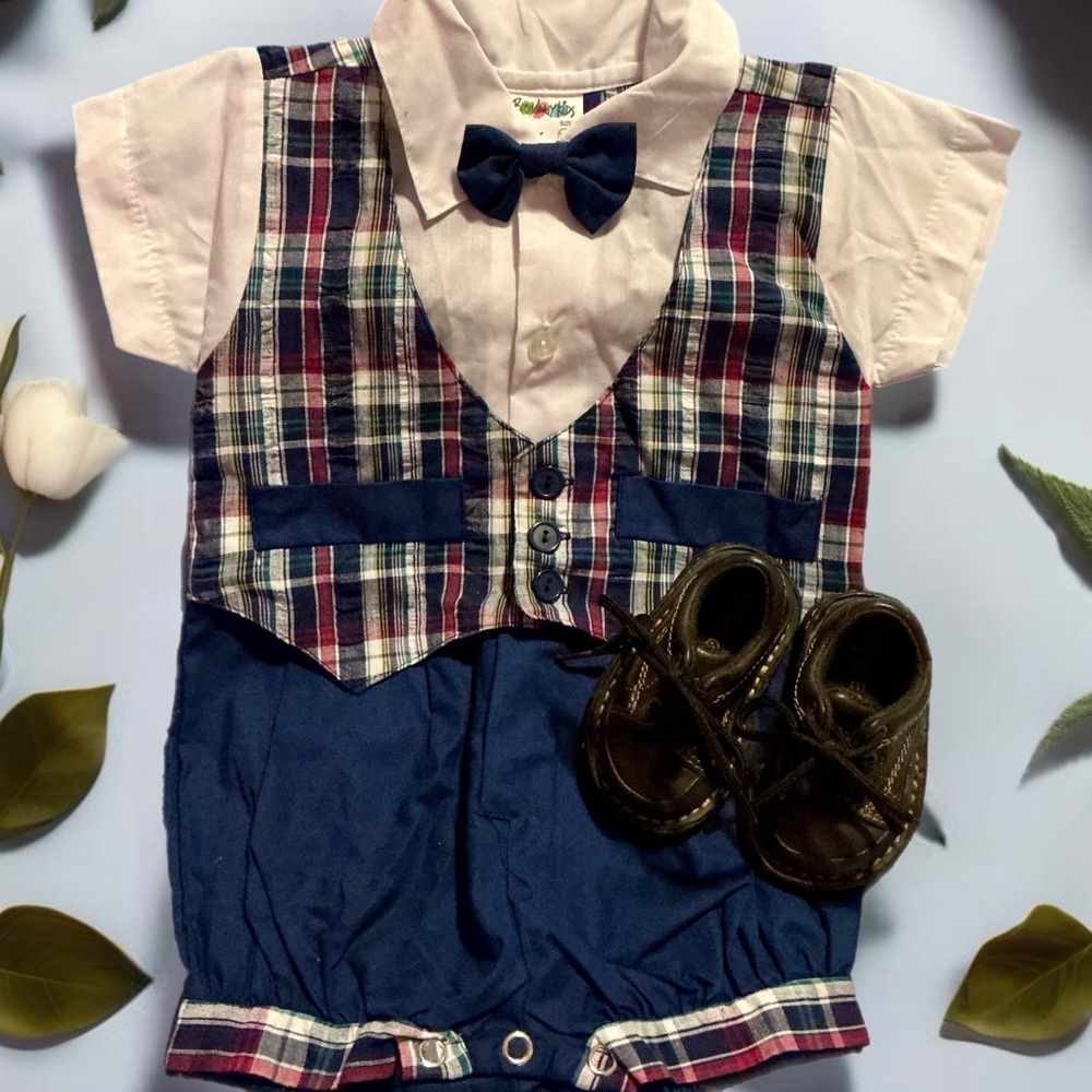 Boys Infant Plaid Vest One Piece Easter Set